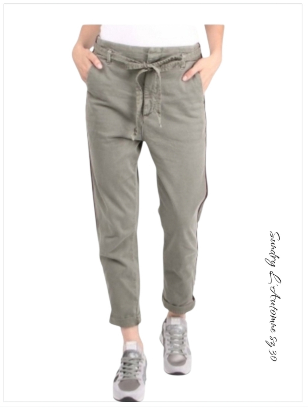Sundry L'Automne Tapered Pants Trim Stripe Olive Green 30